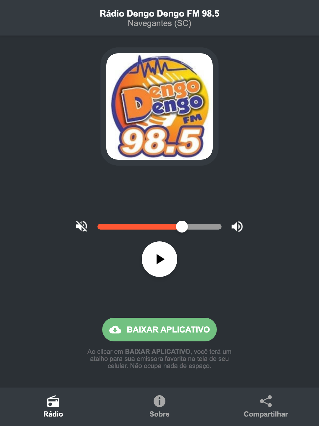Screenshot do aplicativo da Rádio Dengo Dengo FM 98.5