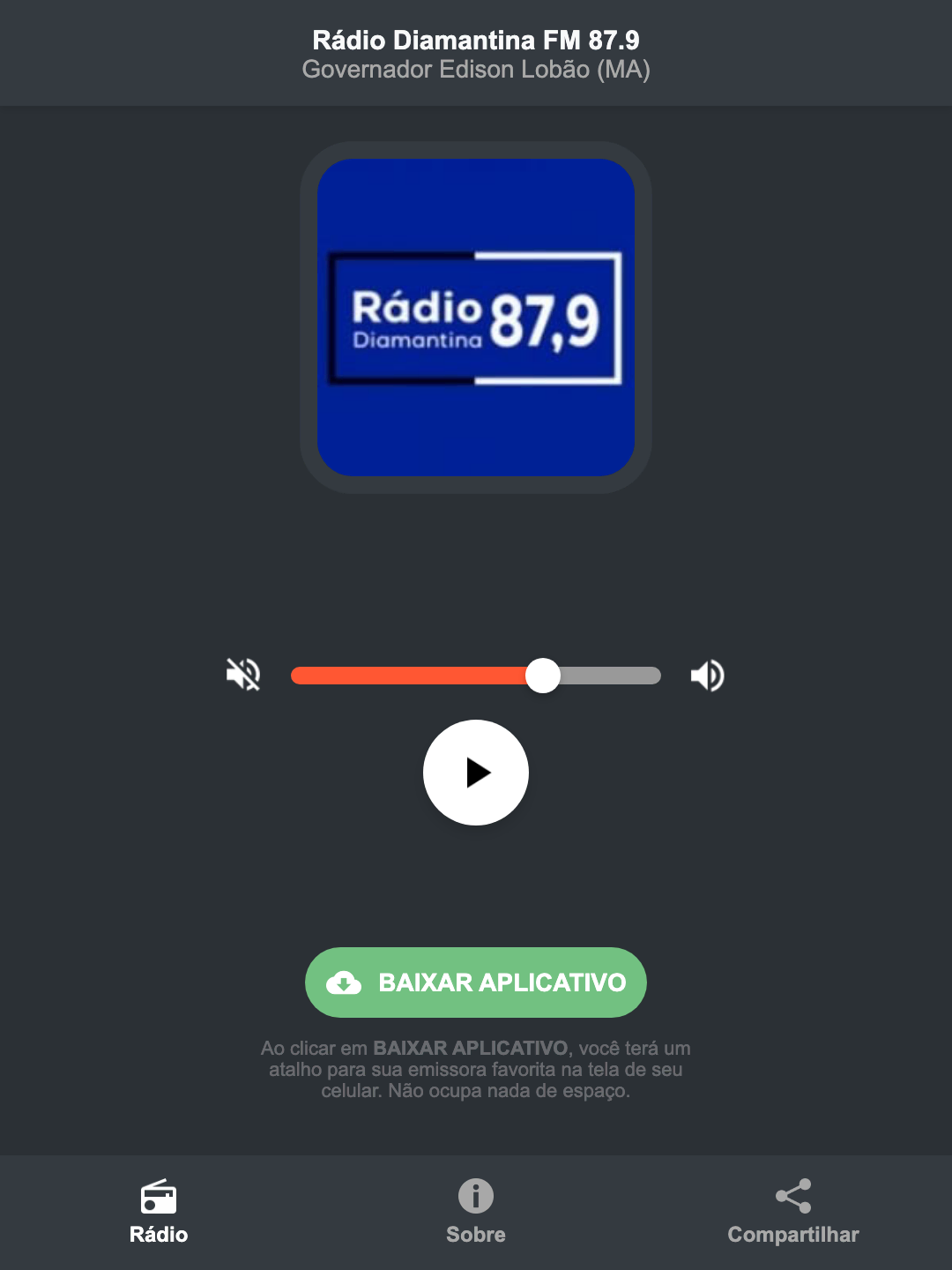 Screenshot do aplicativo da Rádio Diamantina FM 87.9