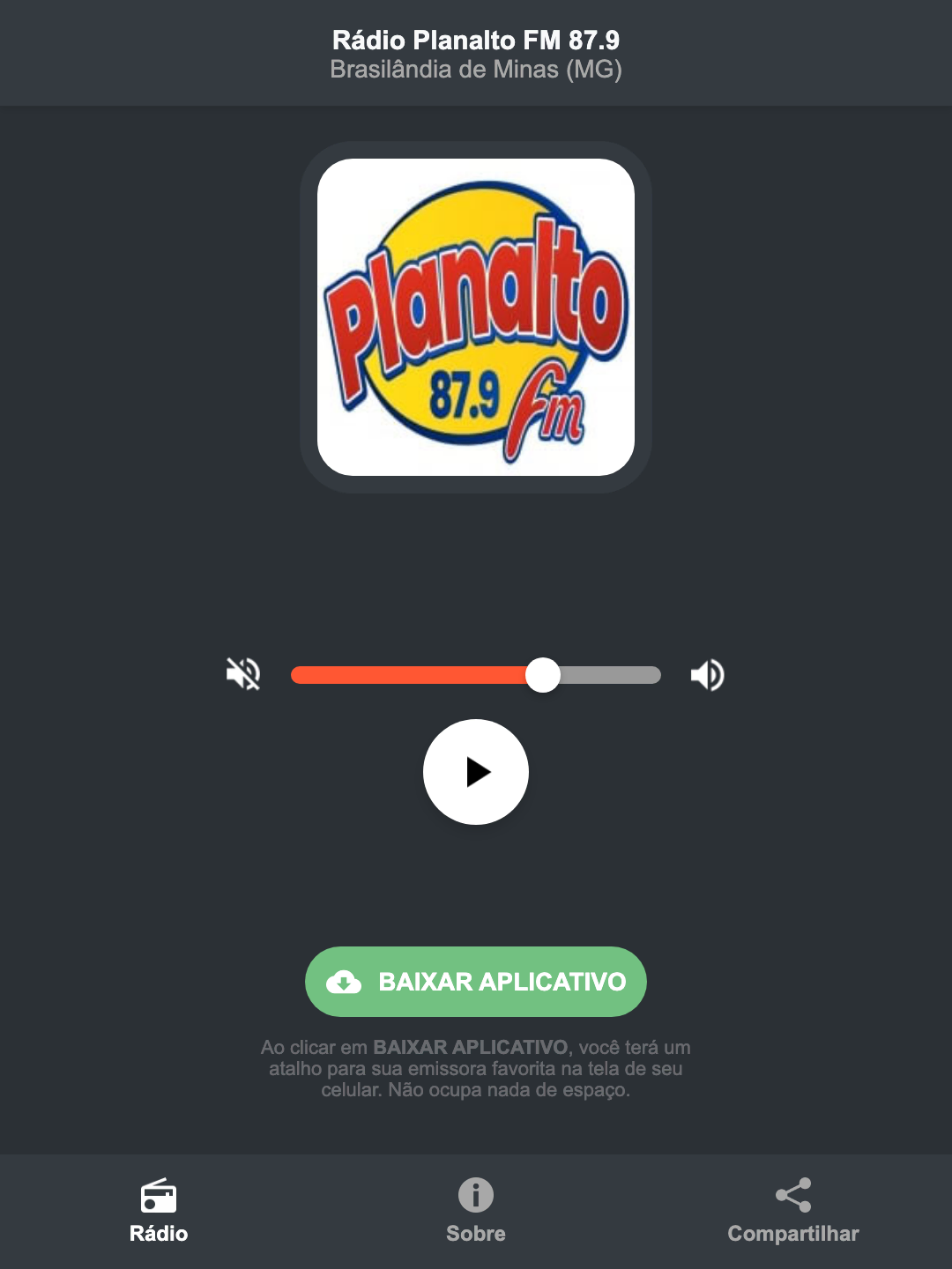 Screenshot do aplicativo da Rádio Planalto FM 87.9