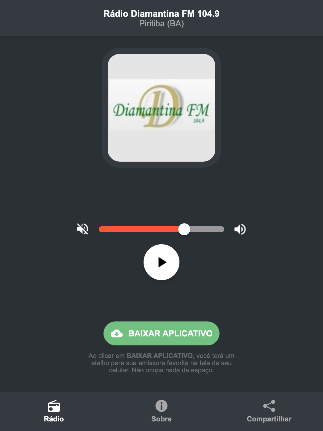 Screenshot do aplicativo da Rádio Diamantina FM 104.9
