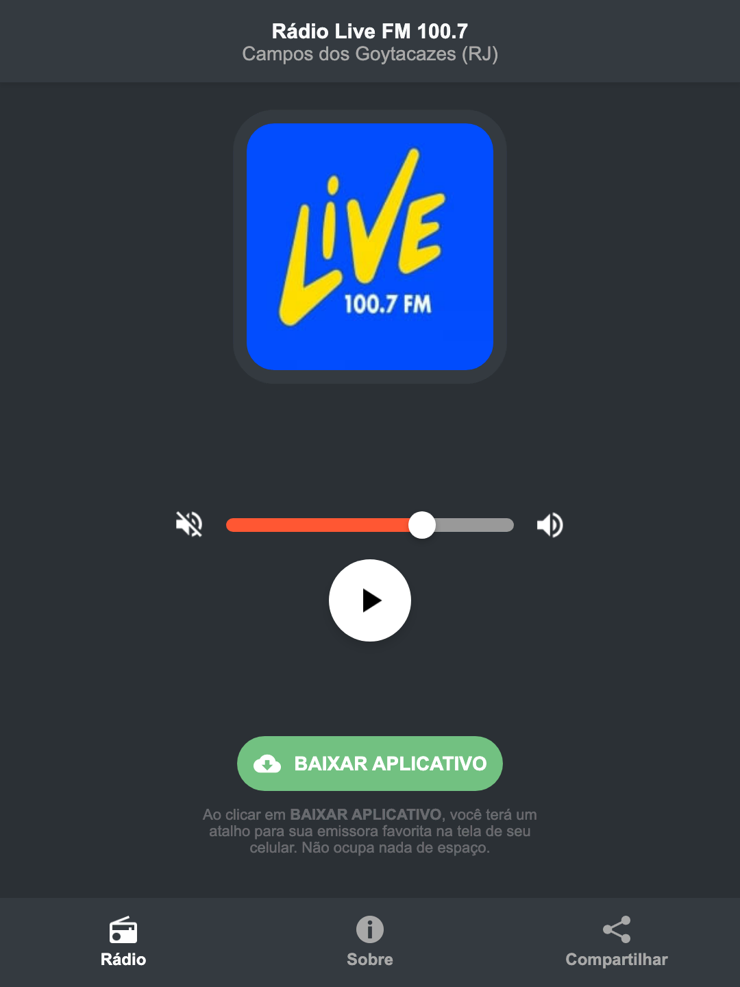 Screenshot do aplicativo da Rádio Live FM 100.7