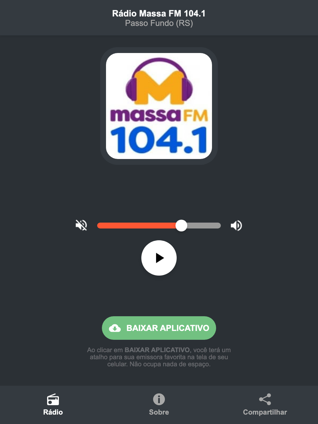 Screenshot do aplicativo da Rádio Massa FM 104.1
