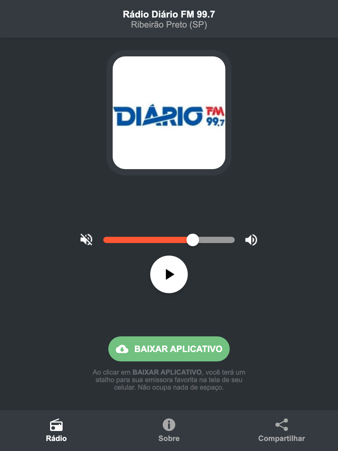 Screenshot do aplicativo da Rádio Diário FM 99.7