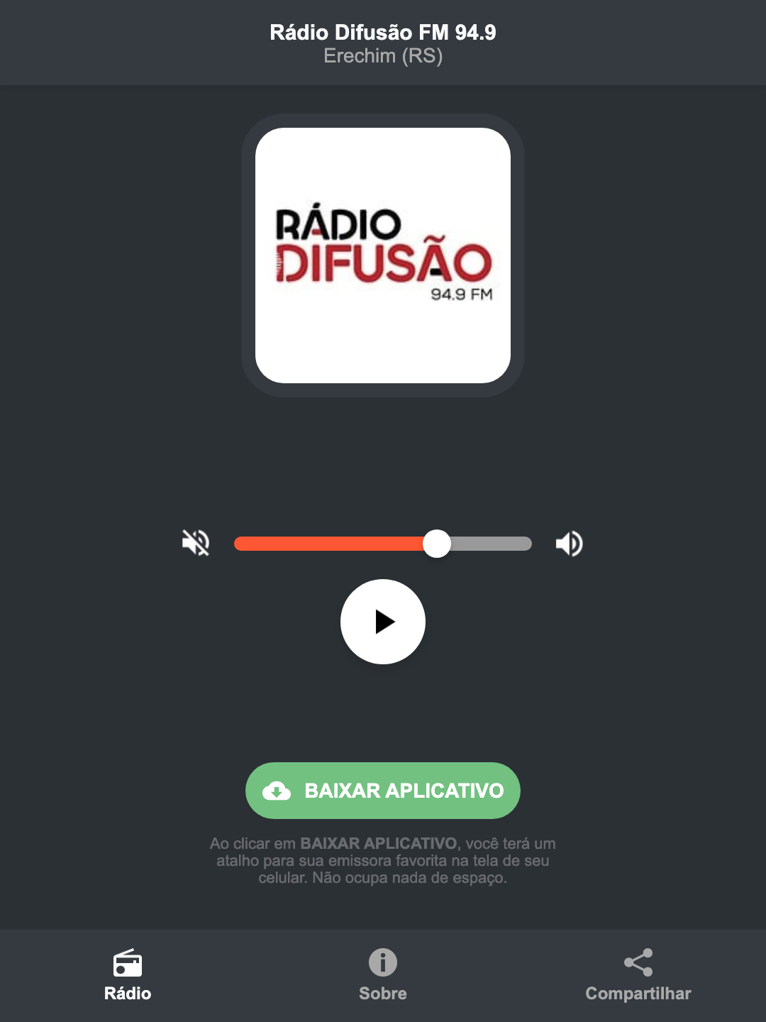 Screenshot do aplicativo da Rádio Difusão FM 94.9
