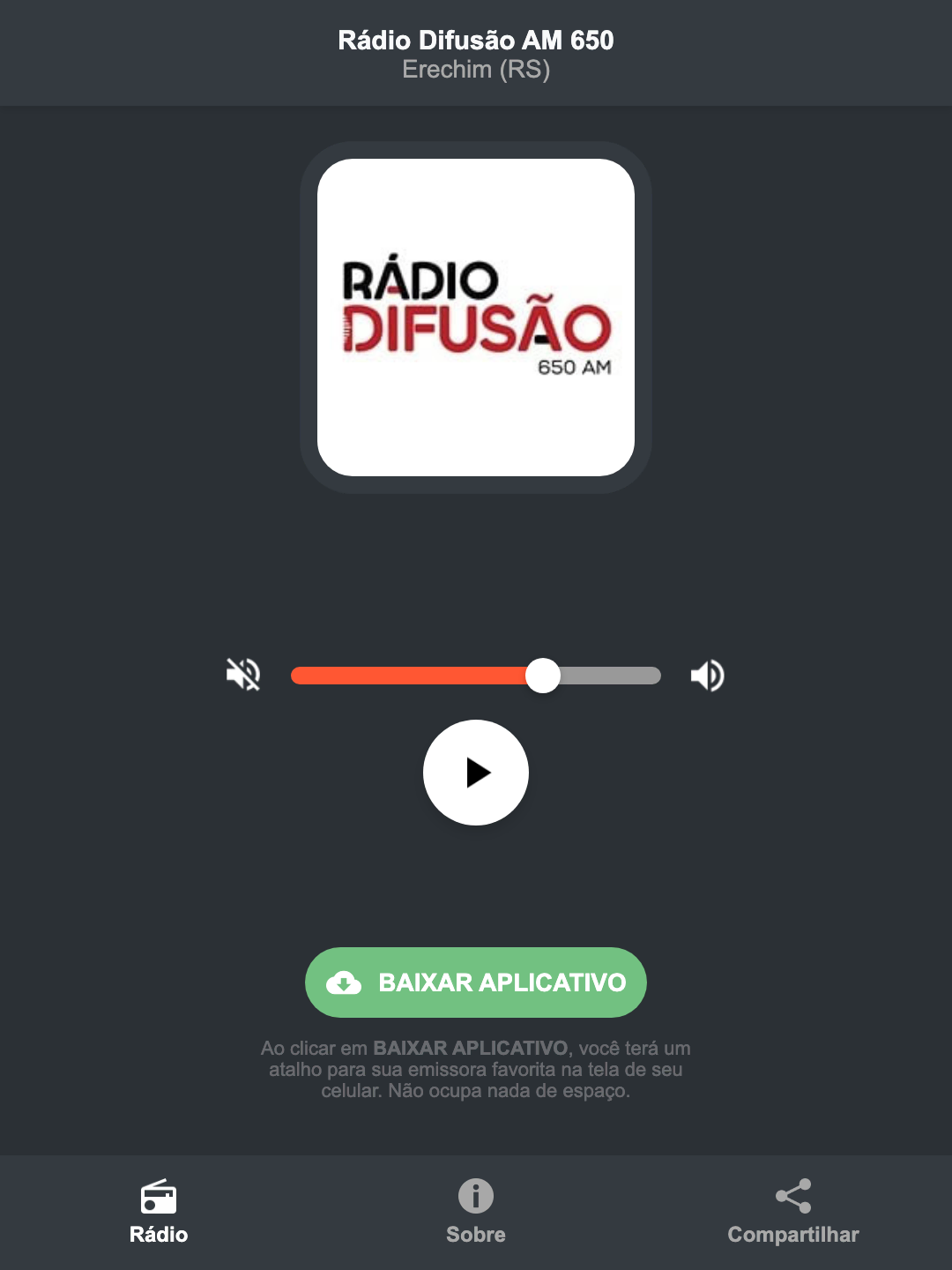 Screenshot do aplicativo da Rádio Difusão AM 650
