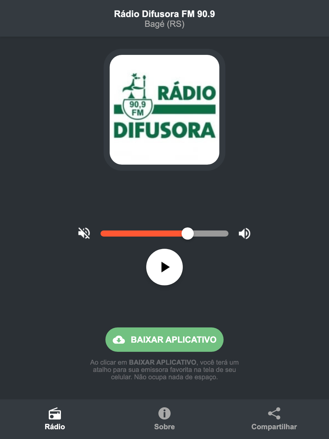 Screenshot do aplicativo da Rádio Difusora FM 90.9