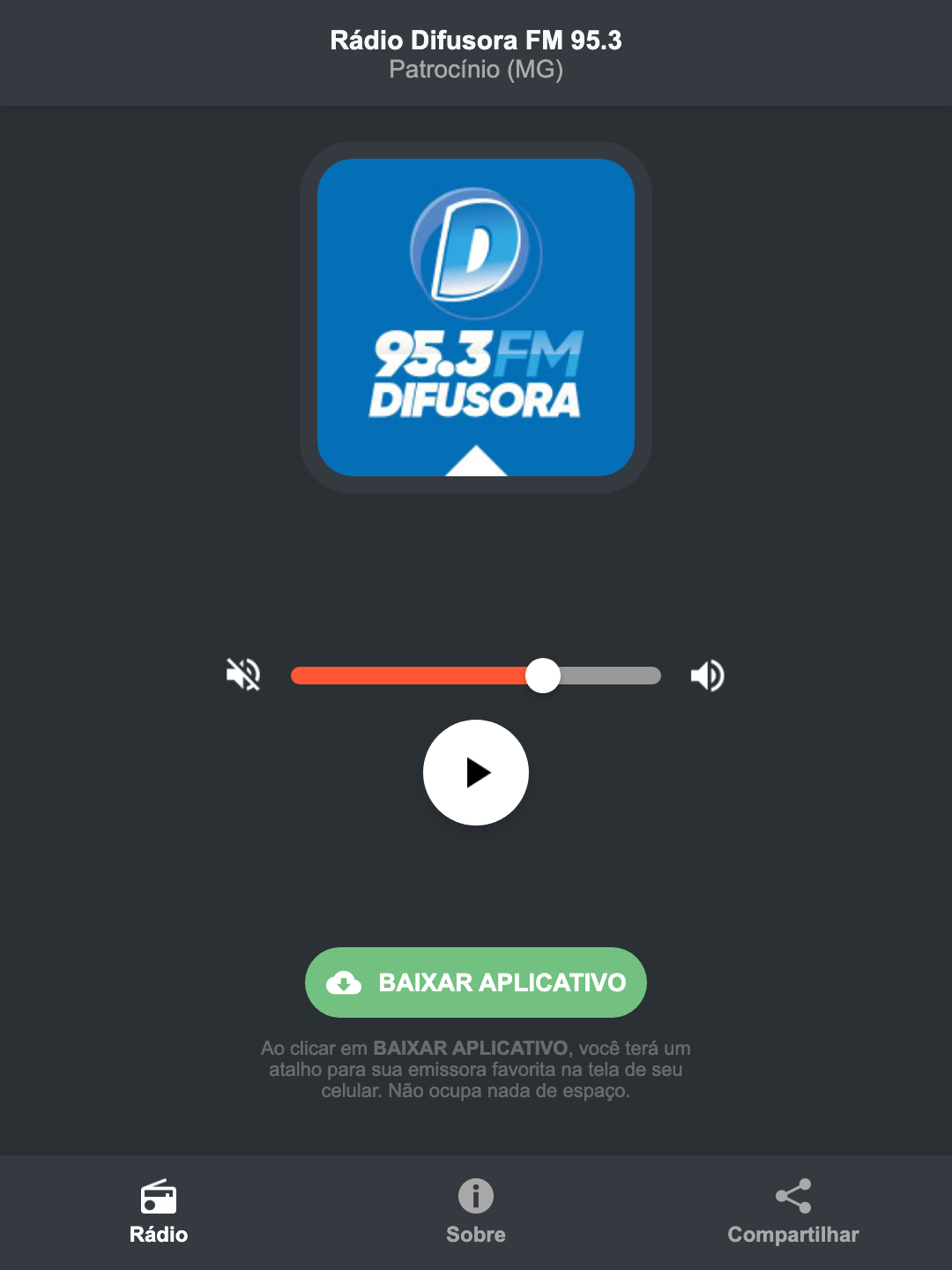 Screenshot do aplicativo da Rádio Difusora FM 95.3