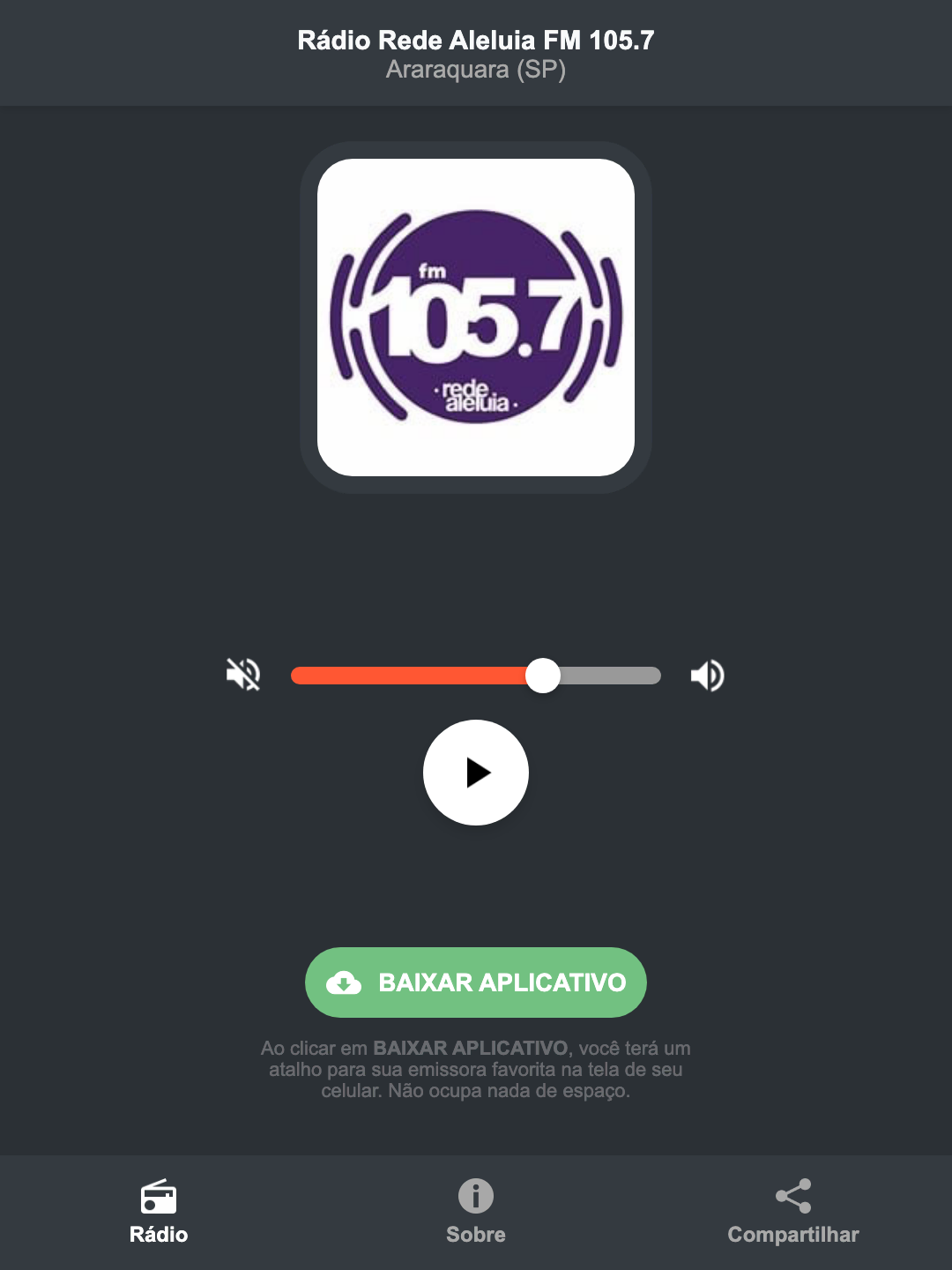 Screenshot do aplicativo da Rádio Rede Aleluia FM 105.7