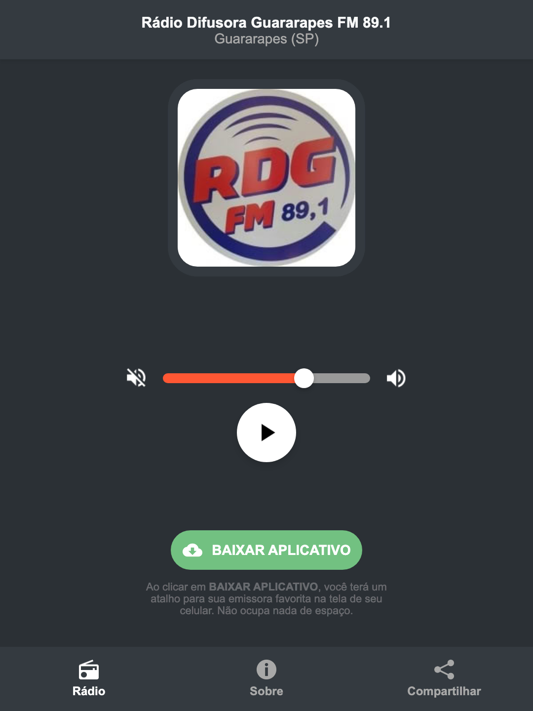 Screenshot do aplicativo da Rádio Difusora Guararapes FM 89.1