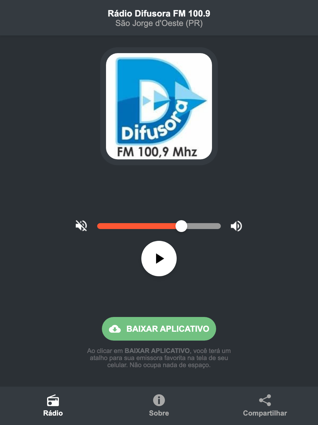 Screenshot do aplicativo da Rádio Difusora FM 100.9