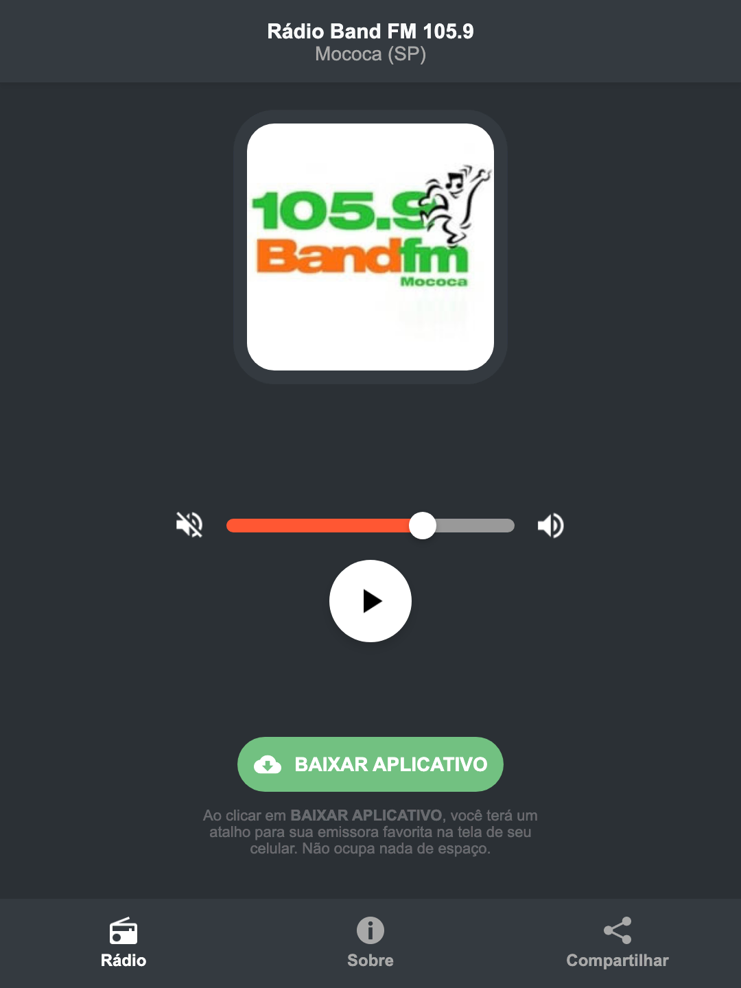 Screenshot do aplicativo da Rádio Band FM 105.9