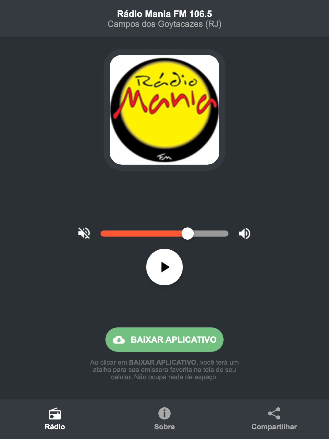 Screenshot do aplicativo da Rádio Mania FM 106.5