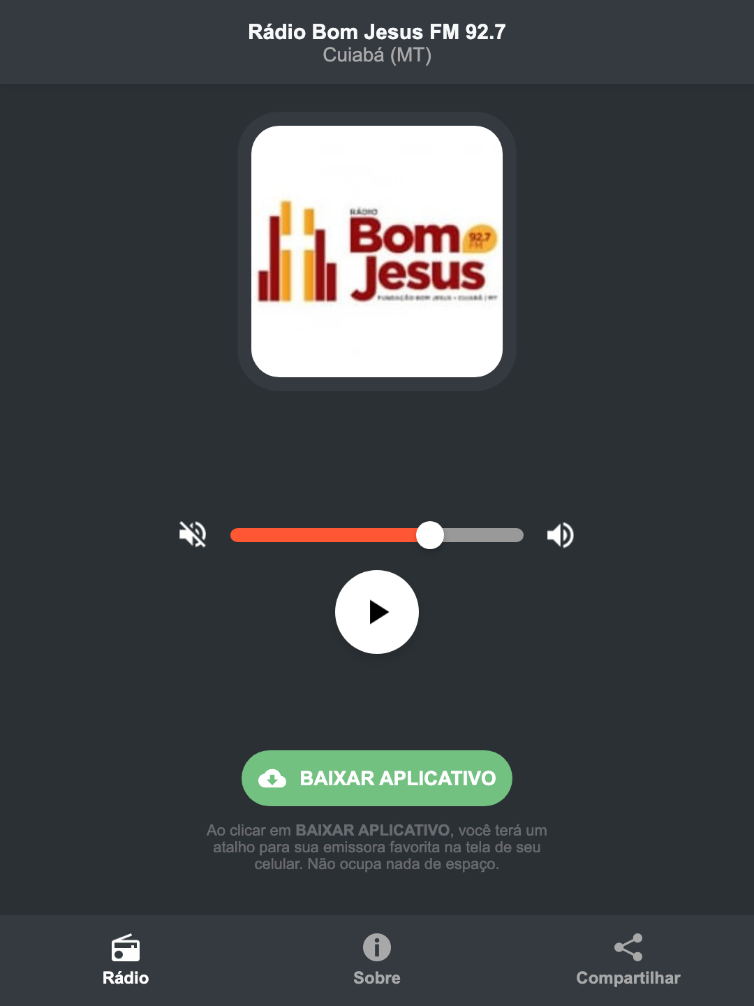 Screenshot do aplicativo da Rádio Bom Jesus FM 92.7