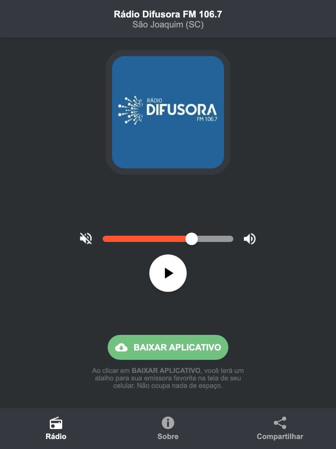 Screenshot do aplicativo da Rádio Difusora FM 106.7