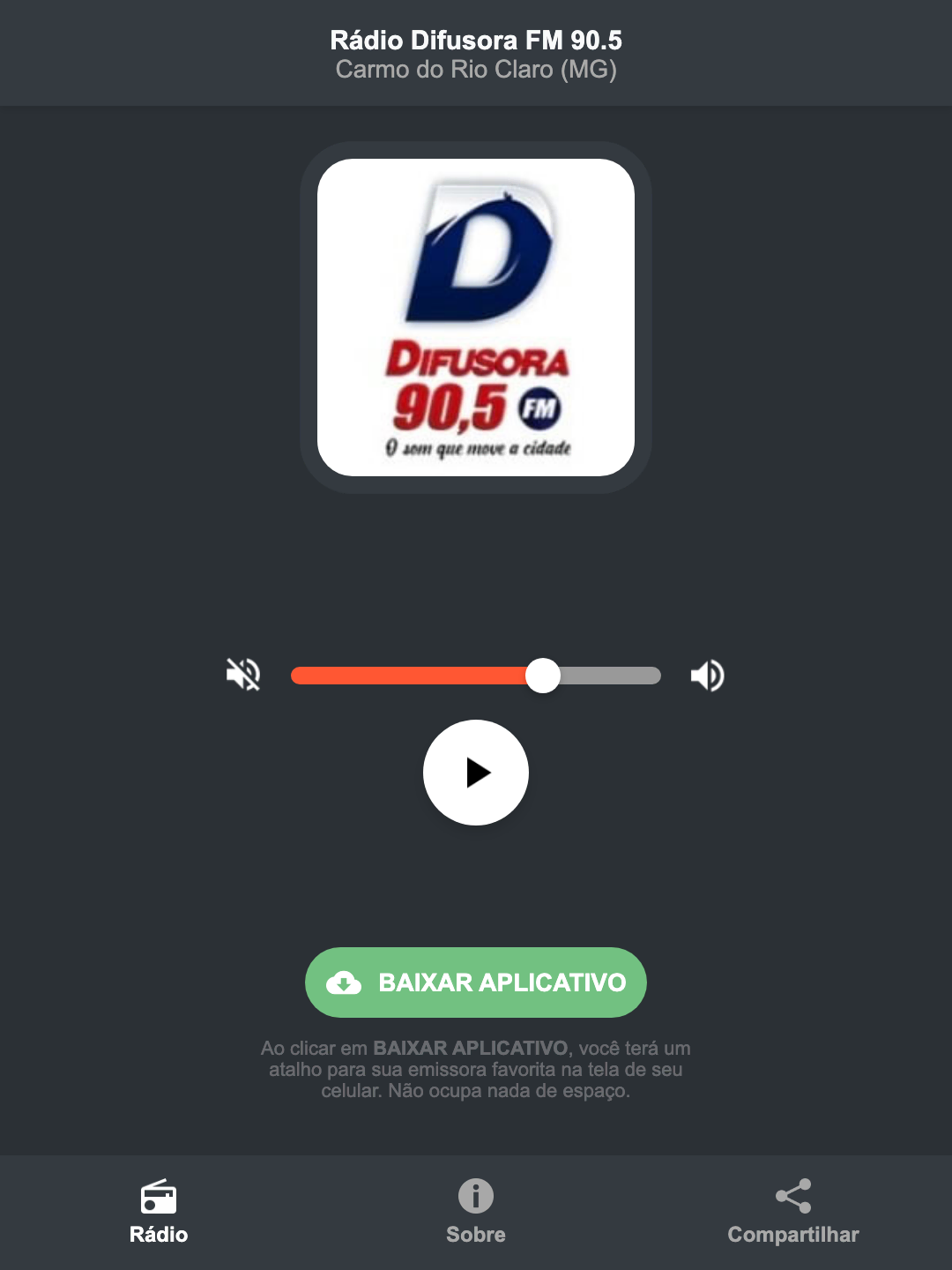 Screenshot do aplicativo da Rádio Difusora FM 90.5
