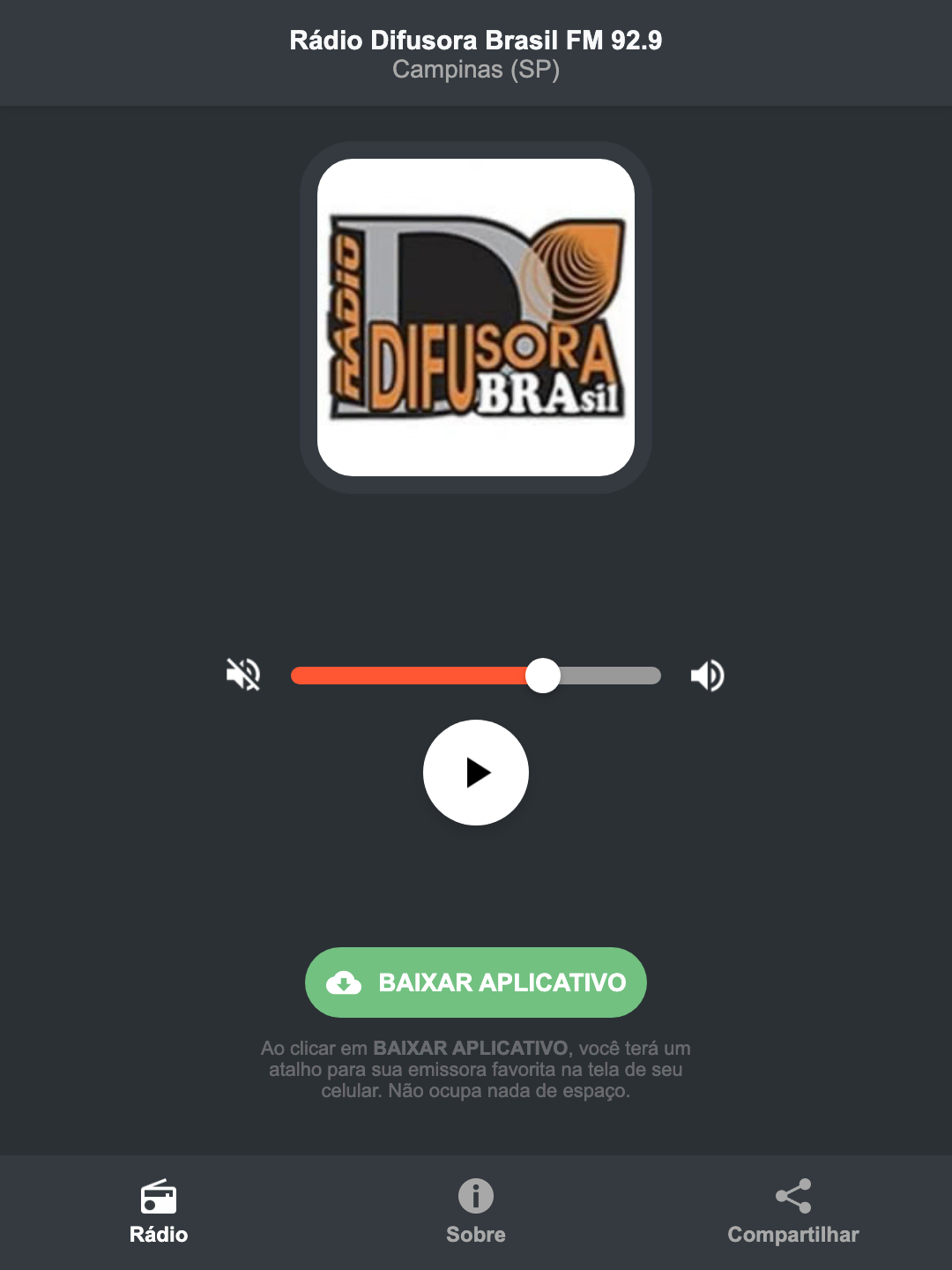 Screenshot do aplicativo da Rádio Difusora Brasil FM 92.9