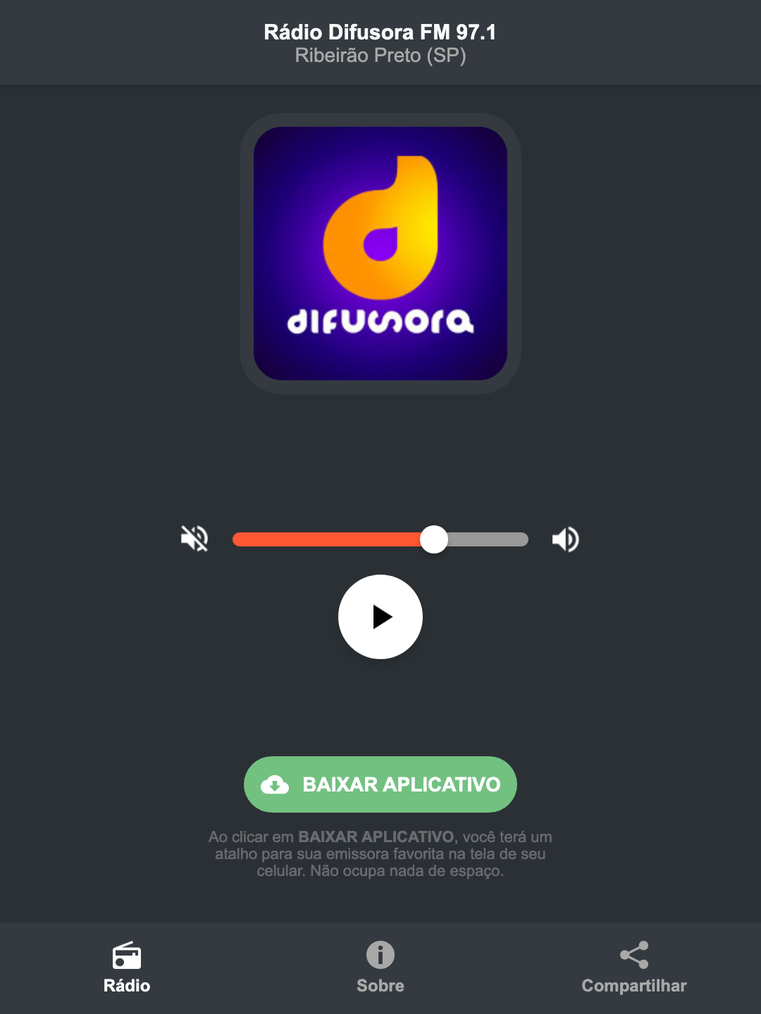 Screenshot do aplicativo da Rádio Difusora FM 97.1