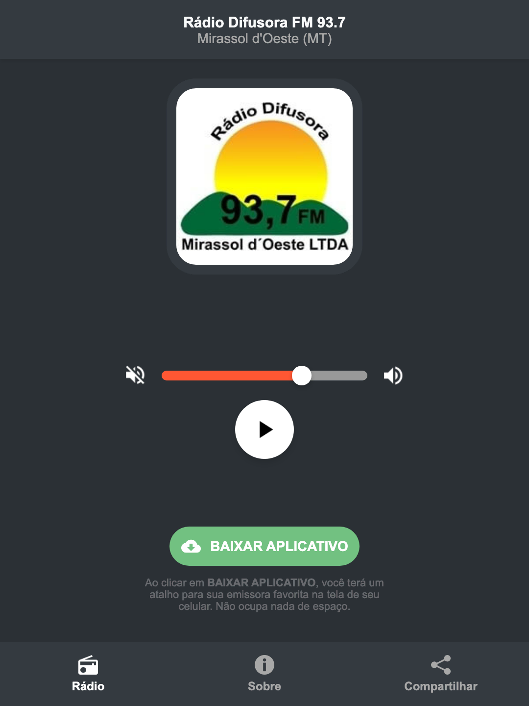 Screenshot do aplicativo da Rádio Difusora FM 93.7
