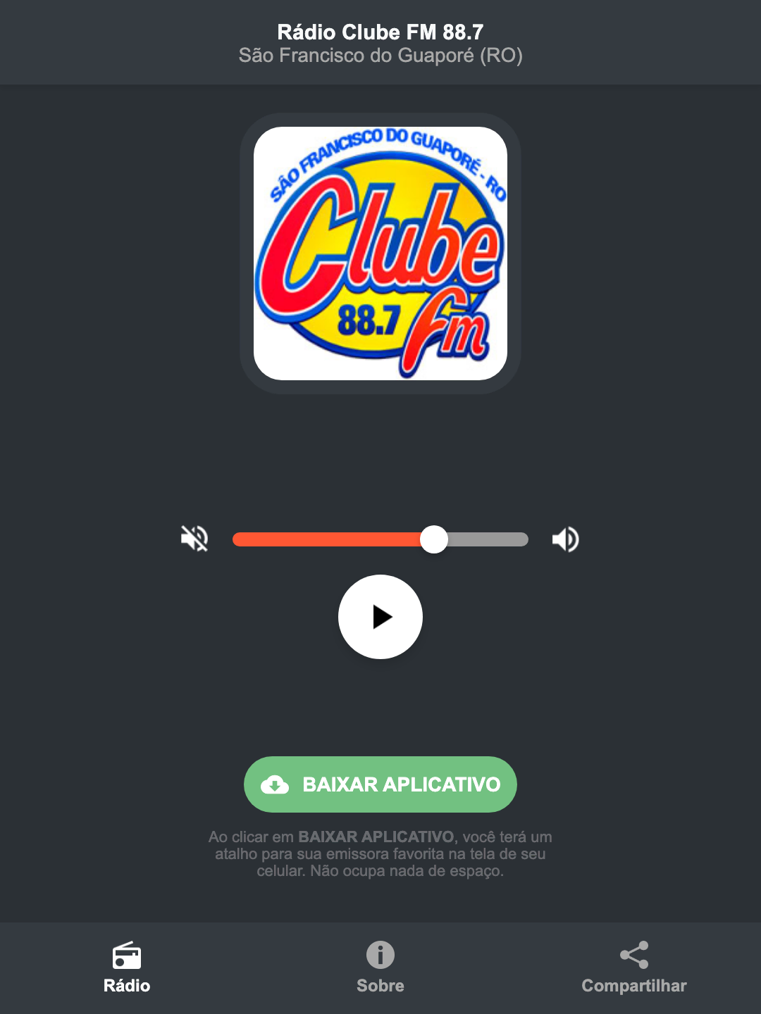 Screenshot do aplicativo da Rádio Clube FM 88.7