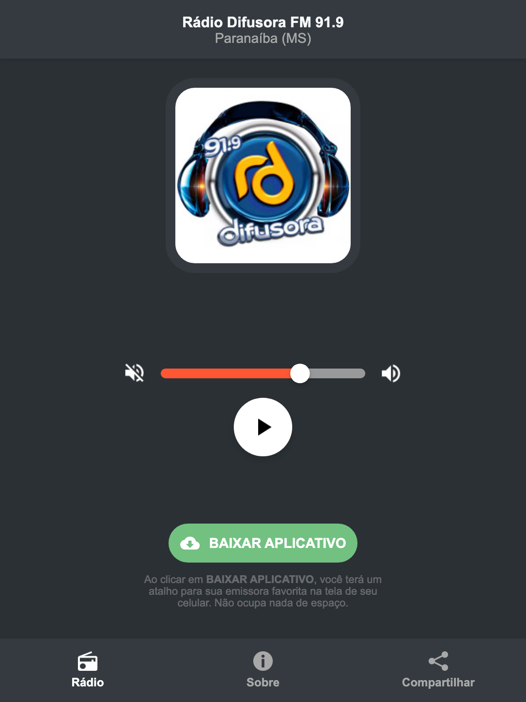 Screenshot do aplicativo da Rádio Difusora FM 91.9