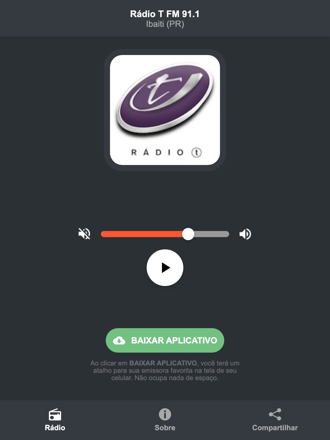 Screenshot do aplicativo da Rádio T FM 91.1