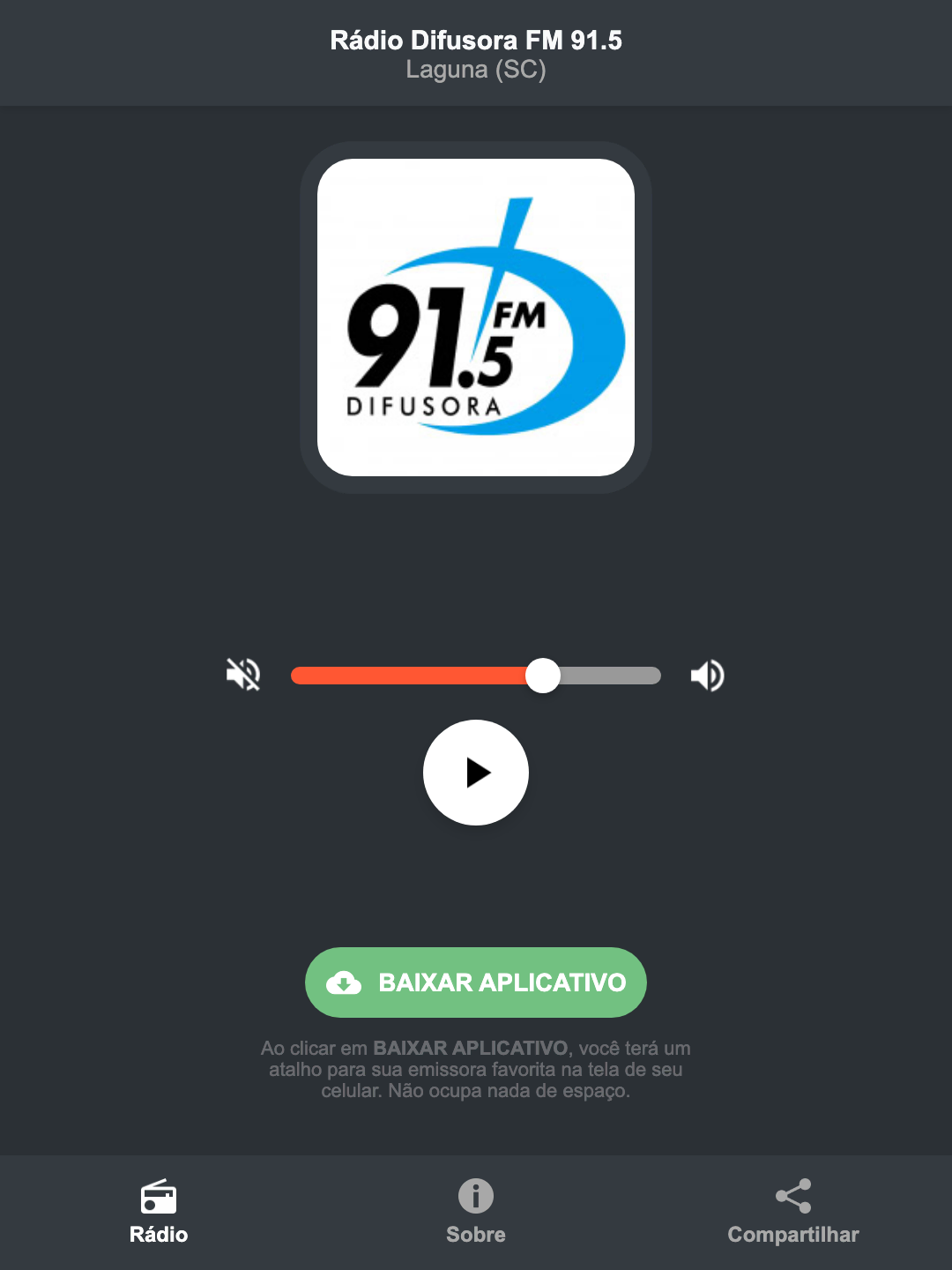 Screenshot do aplicativo da Rádio Difusora FM 91.5