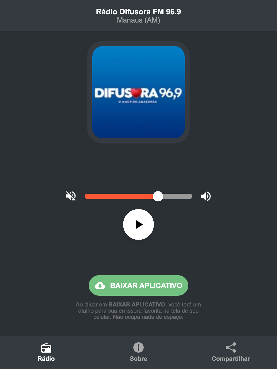 Screenshot do aplicativo da Rádio Difusora FM 96.9