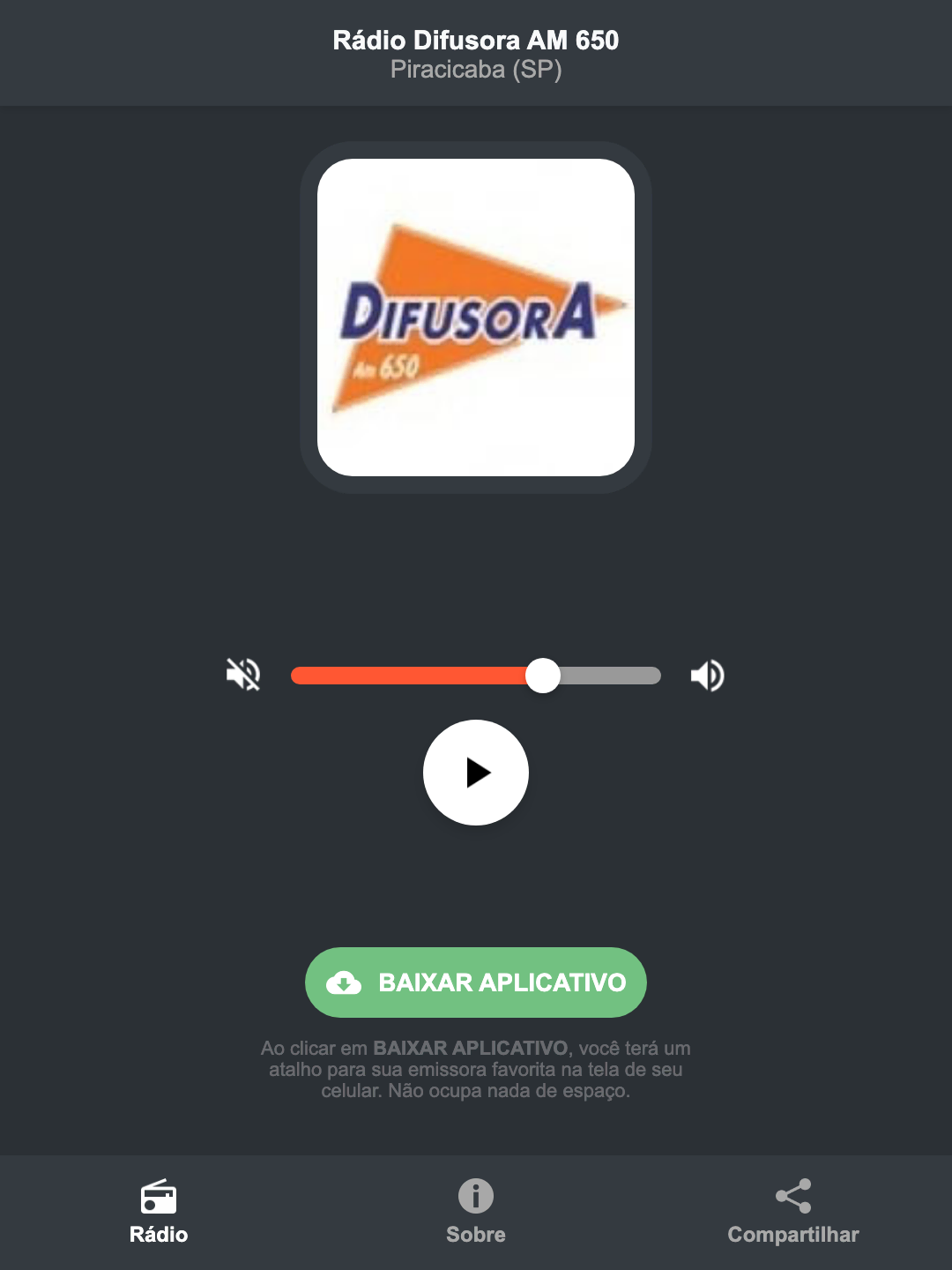 Screenshot do aplicativo da Rádio Difusora AM 650