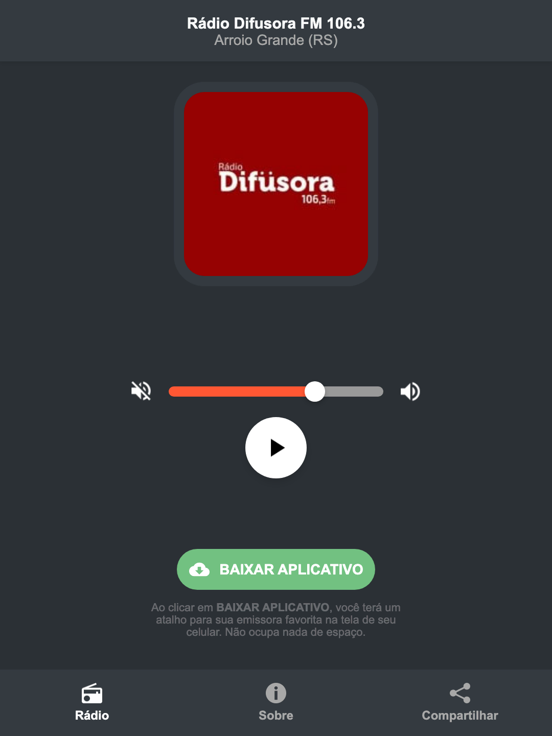 Screenshot do aplicativo da Rádio Difusora FM 106.3
