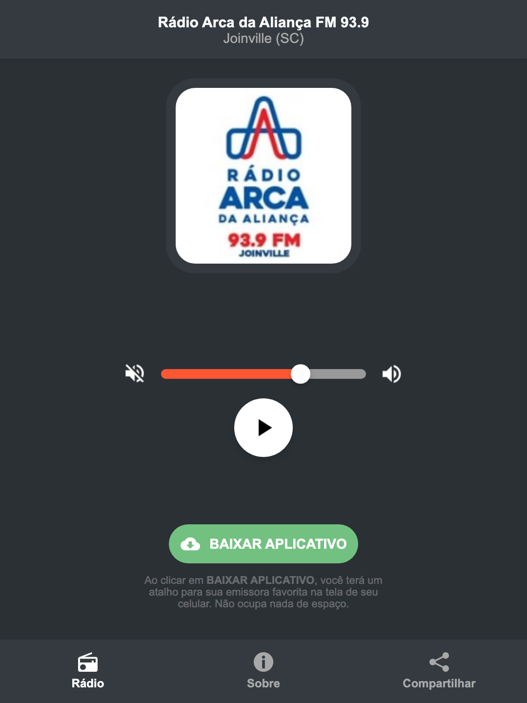 Screenshot do aplicativo da Rádio Arca da Aliança FM 93.9