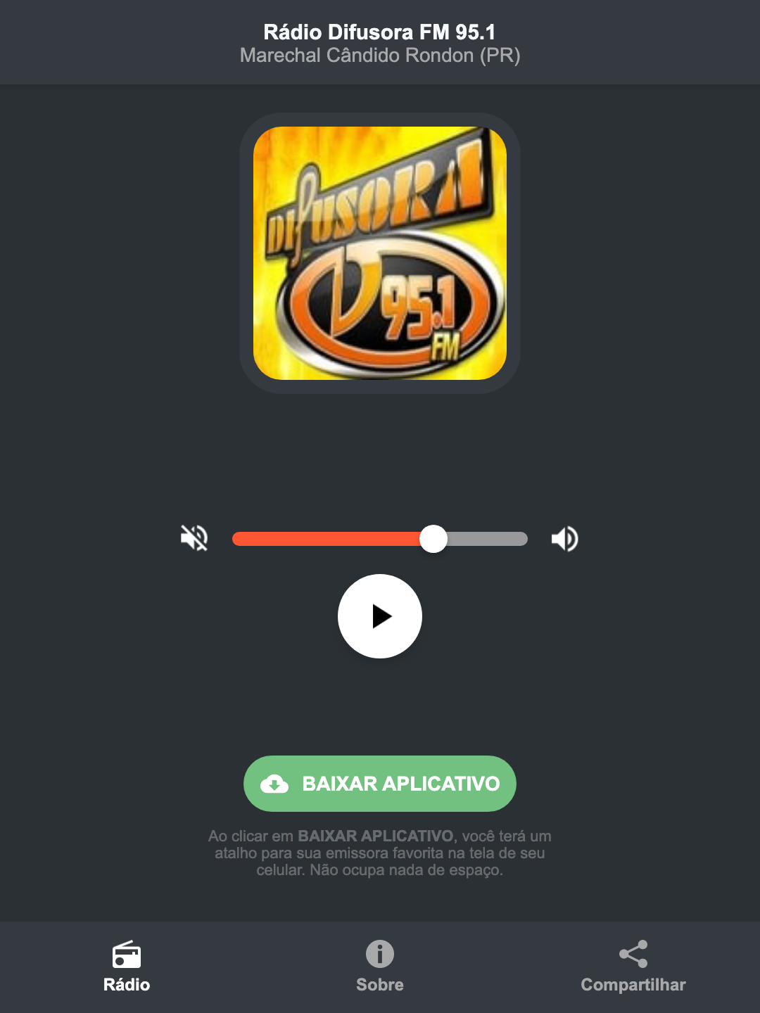 Screenshot do aplicativo da Rádio Difusora FM 95.1