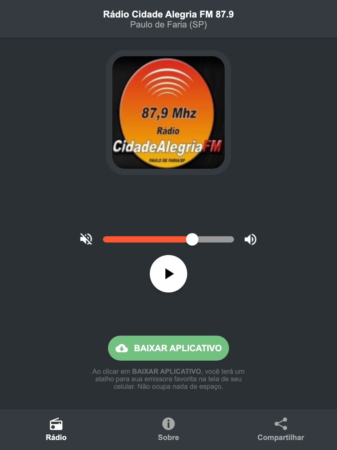 Screenshot do aplicativo da Rádio Cidade Alegria FM 87.9