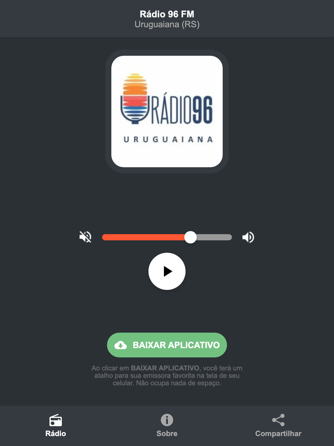Screenshot do aplicativo da Rádio 96 FM