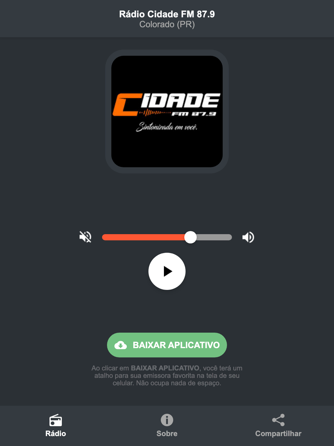 Screenshot do aplicativo da Rádio Cidade FM 87.9