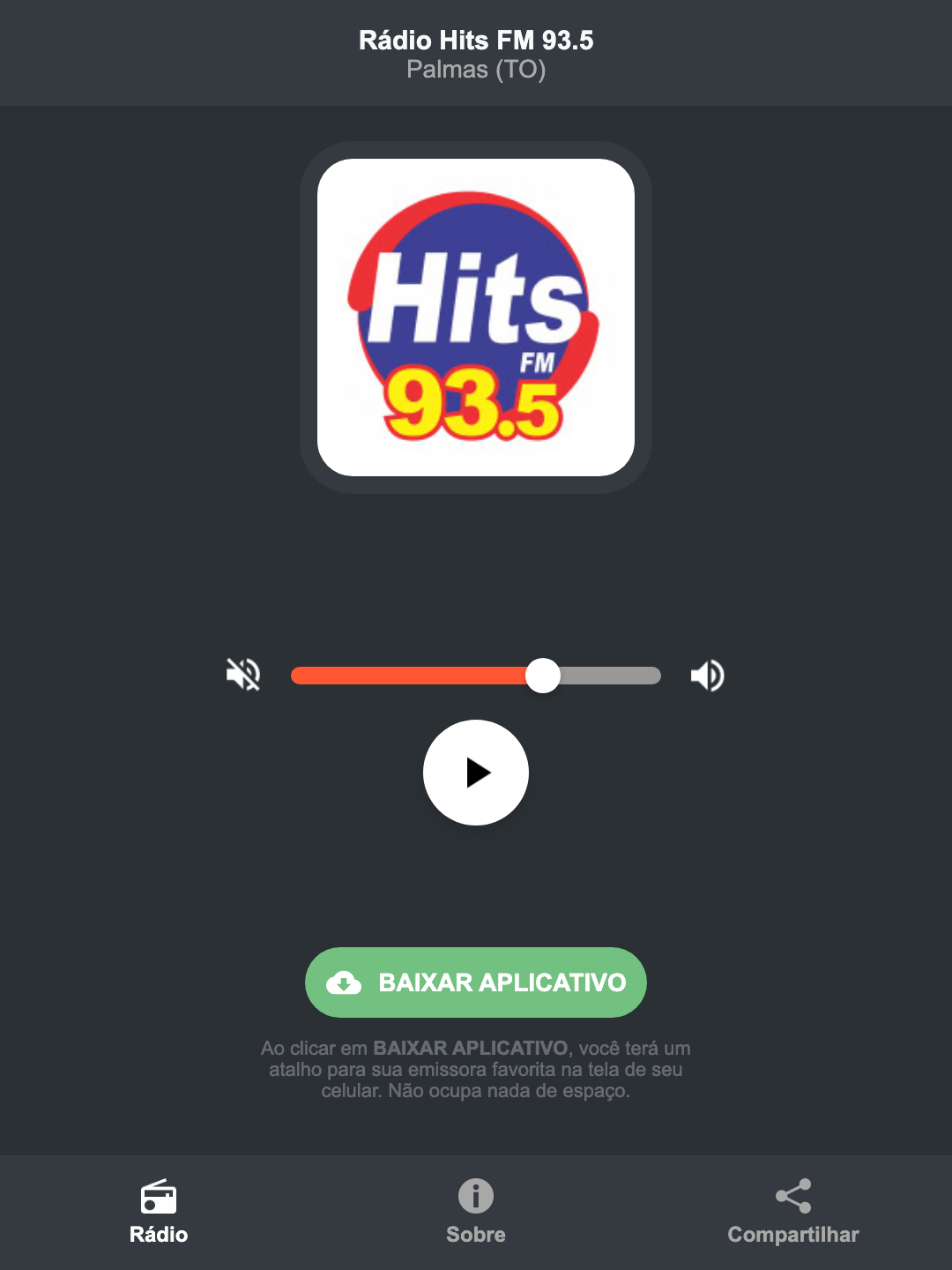 Screenshot do aplicativo da Rádio Hits FM 93.5