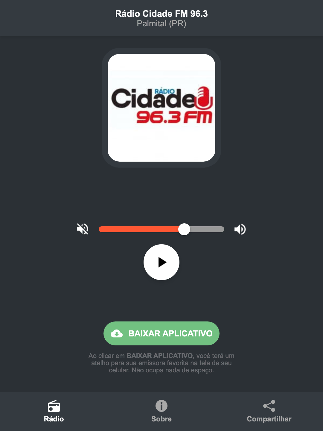 Screenshot do aplicativo da Rádio Cidade FM 96.3
