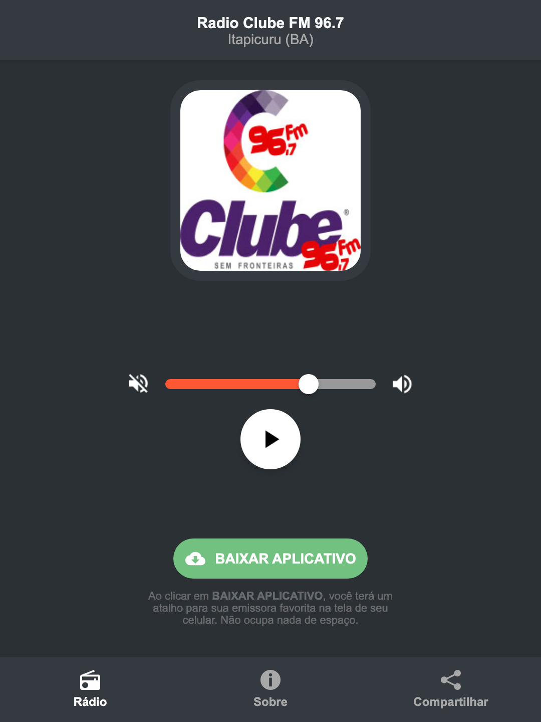 Screenshot do aplicativo da Radio Clube FM 96.7