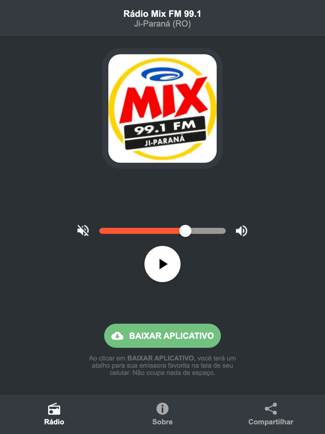 Screenshot do aplicativo da Rádio Mix FM 99.1