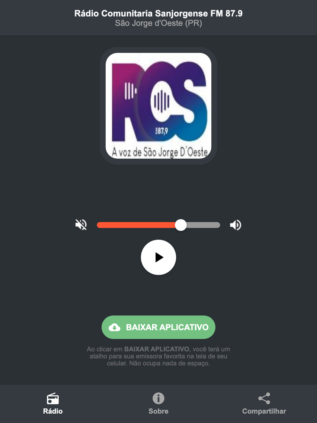 Screenshot do aplicativo da Rádio Comunitaria Sanjorgense FM 87.9