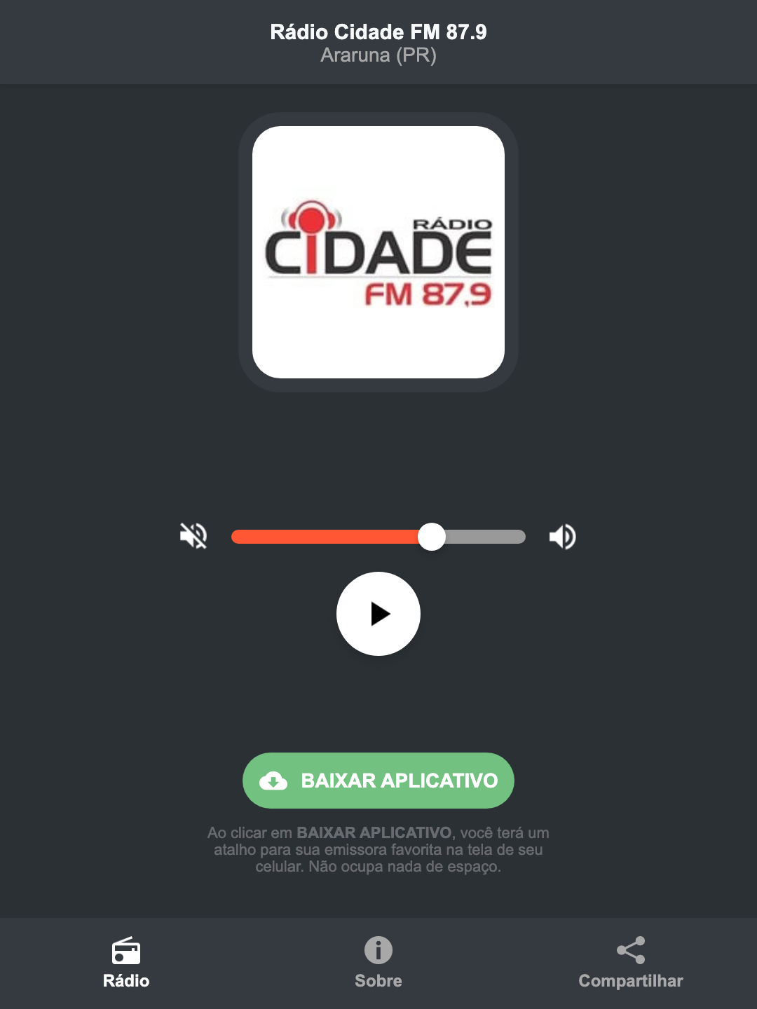 Screenshot do aplicativo da Rádio Cidade FM 87.9