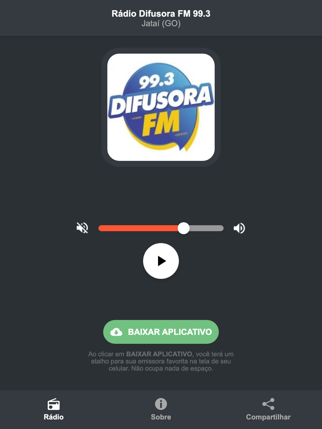Screenshot do aplicativo da Rádio Difusora FM 99.3