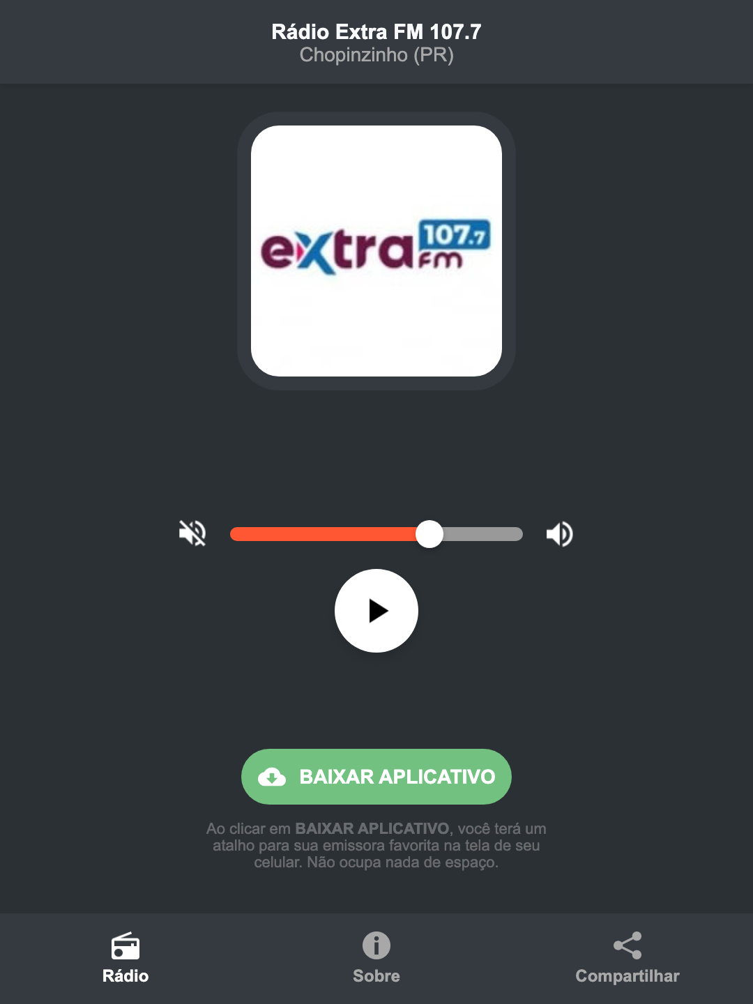 Screenshot do aplicativo da Rádio Extra FM 107.7