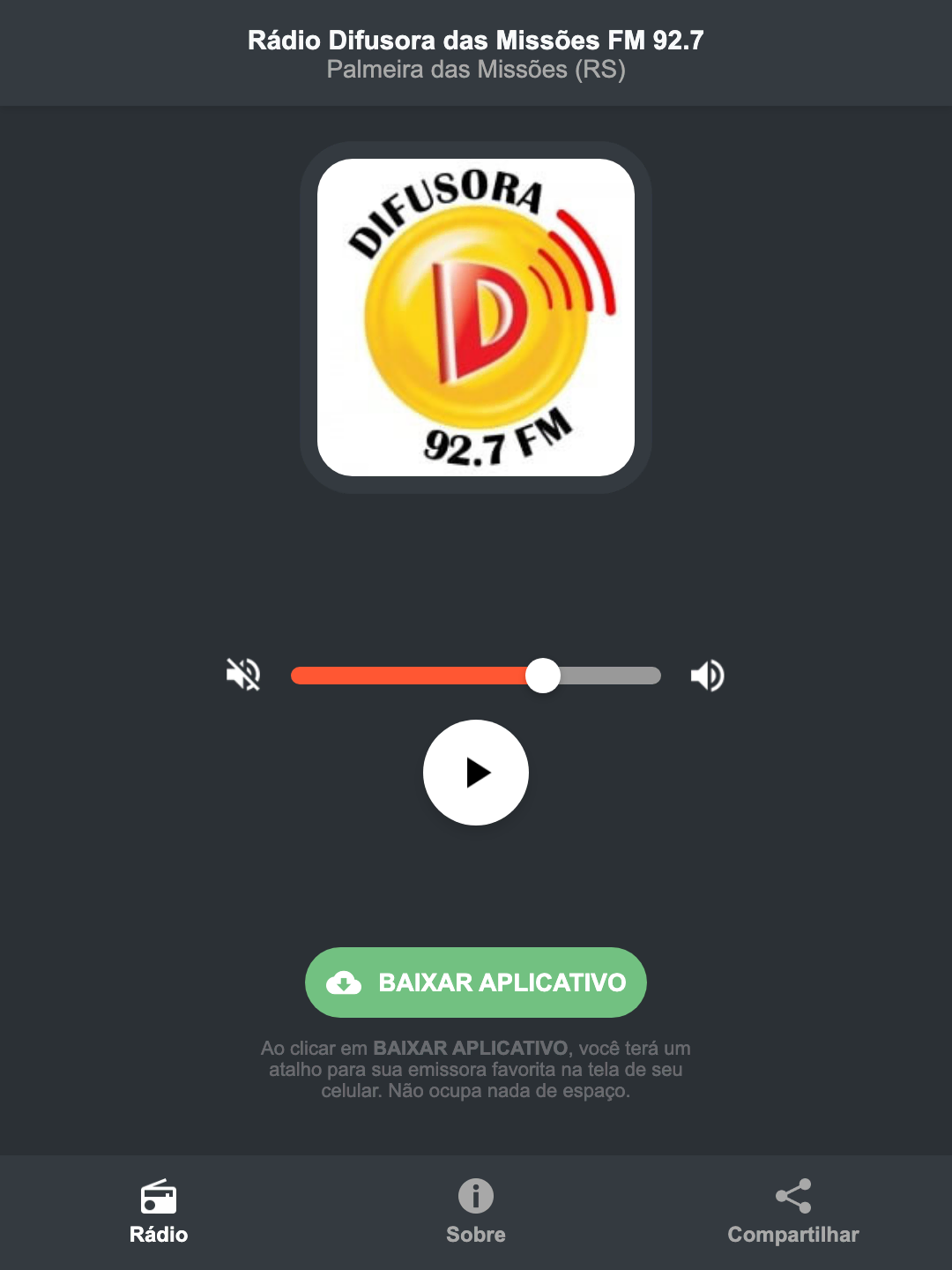 Screenshot do aplicativo da Rádio Difusora das Missões FM 92.7