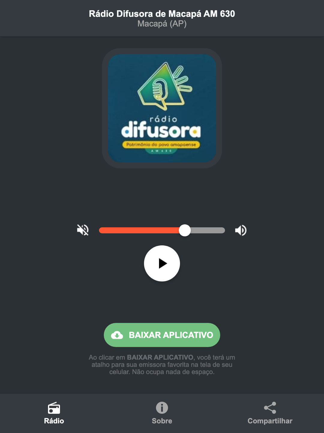 Screenshot do aplicativo da Rádio Difusora de Macapá AM 630