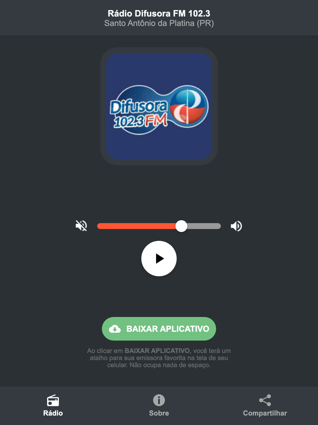 Screenshot do aplicativo da Rádio Difusora FM 102.3
