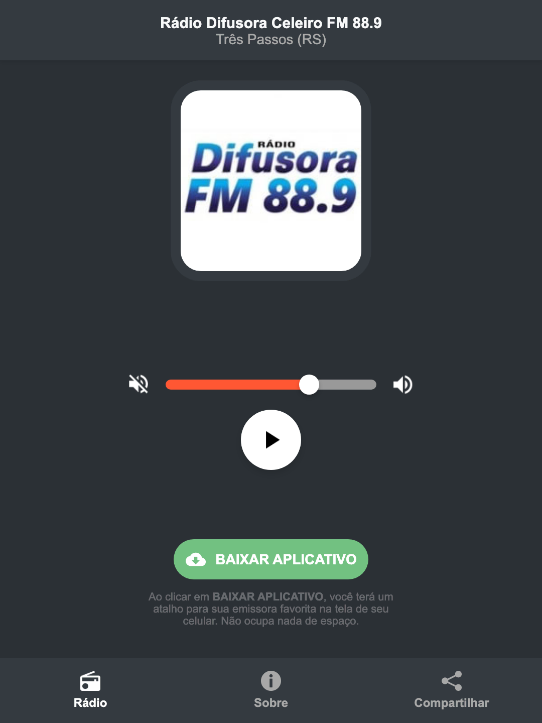 Screenshot do aplicativo da Rádio Difusora Celeiro FM 88.9