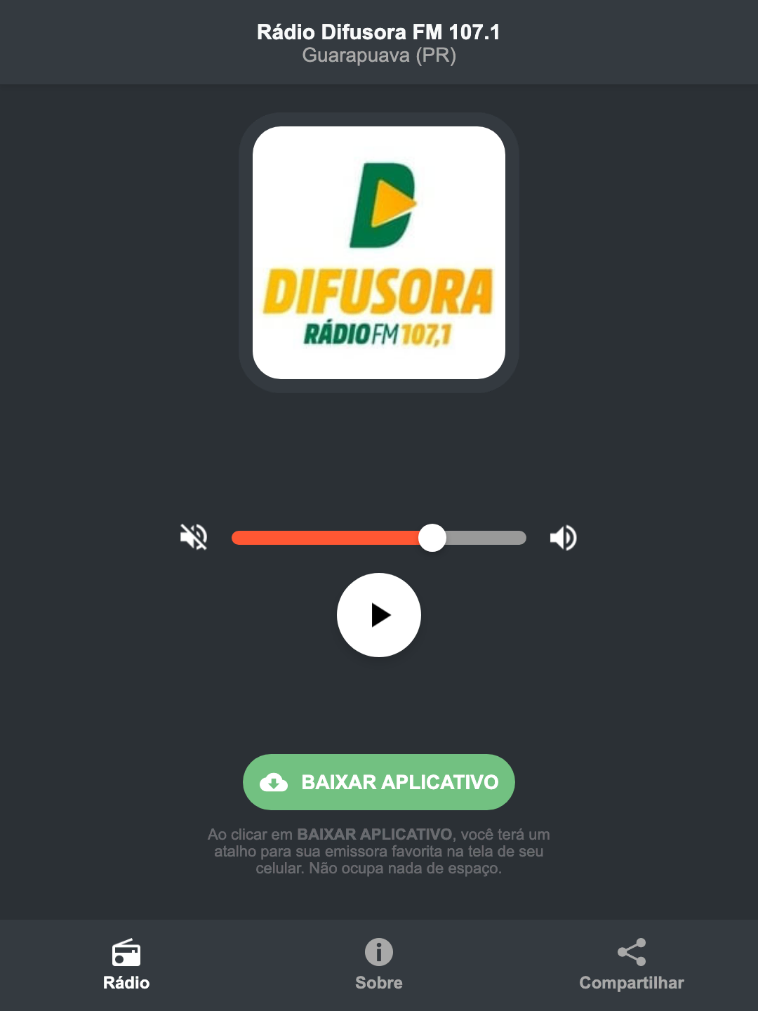 Screenshot do aplicativo da Rádio Difusora FM 107.1
