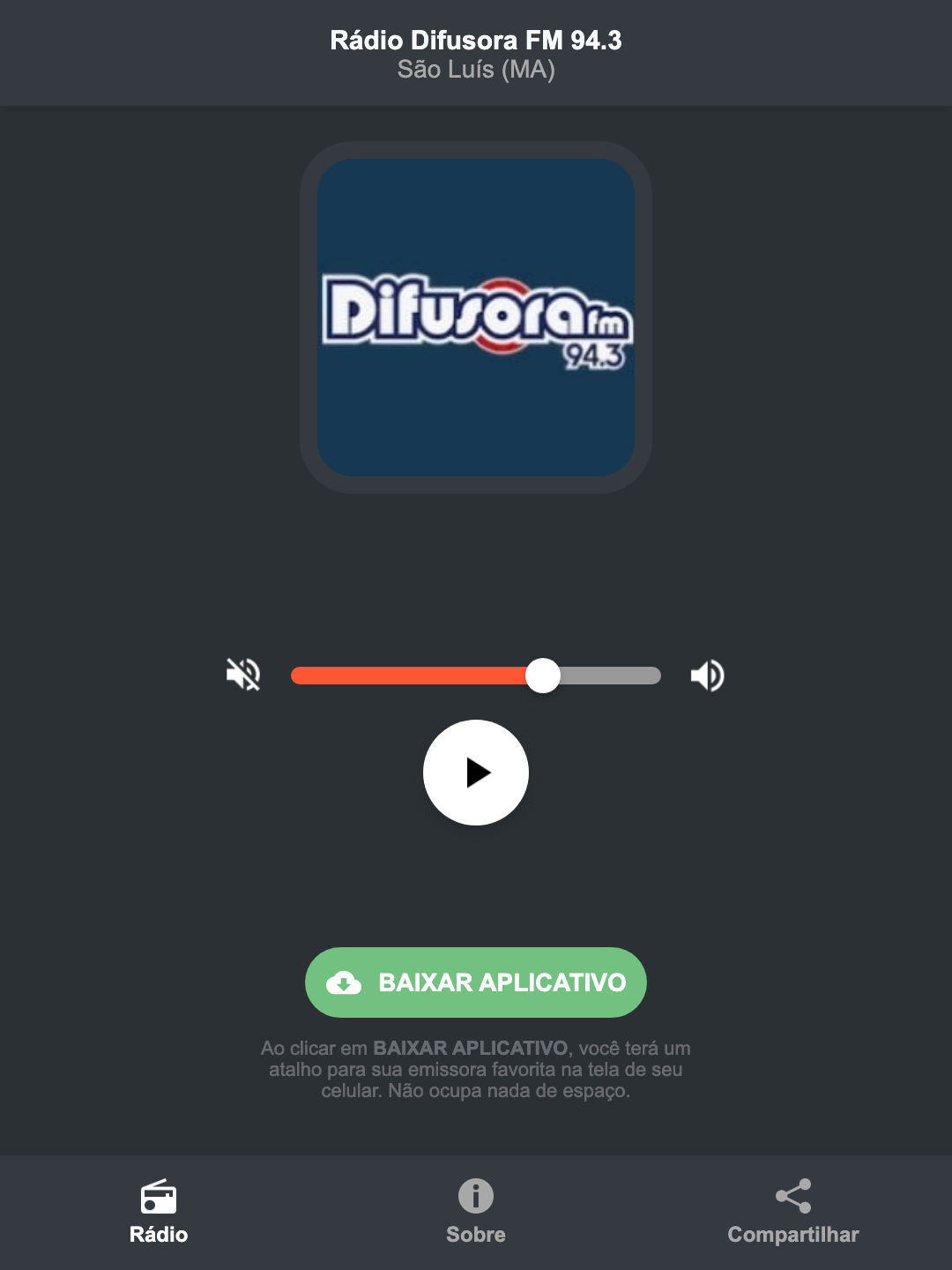 Screenshot do aplicativo da Rádio Difusora FM 94.3
