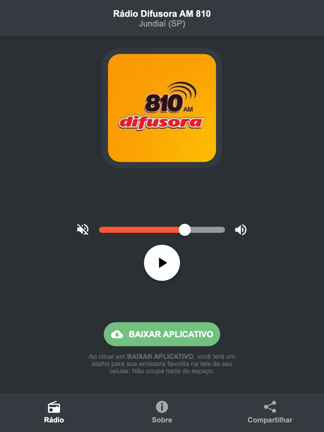 Screenshot do aplicativo da Rádio Difusora AM 810