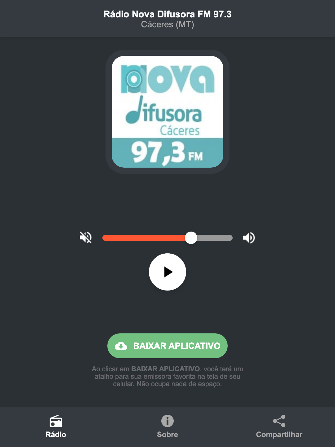 Screenshot do aplicativo da Rádio Nova Difusora FM 97.3
